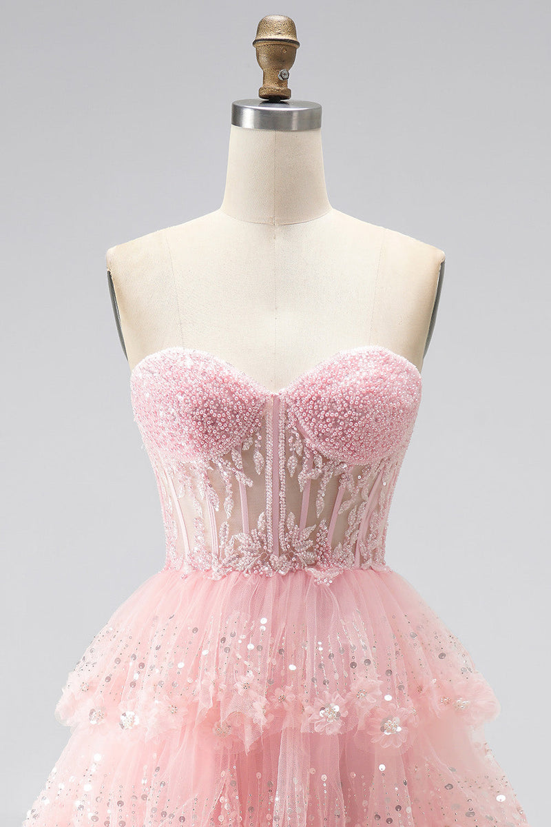 Load image into Gallery viewer, Ruffled Sparkly Pink Corset Sweetheart Beaded Long Prom Dress with Sequins