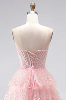 Load image into Gallery viewer, Ruffled Sparkly Pink Corset Sweetheart Beaded Long Prom Dress with Sequins