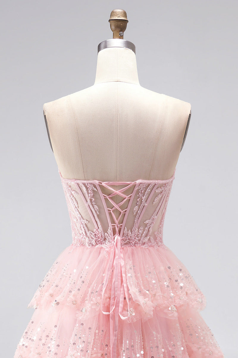 Load image into Gallery viewer, Ruffled Sparkly Pink Corset Sweetheart Beaded Long Prom Dress with Sequins