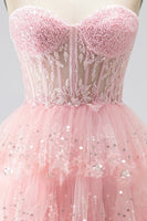 Load image into Gallery viewer, Ruffled Sparkly Pink Corset Sweetheart Beaded Long Prom Dress with Sequins