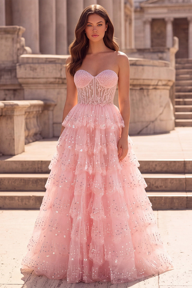 Load image into Gallery viewer, Ruffled Sparkly Pink Corset Sweetheart Beaded Long Prom Dress with Sequins