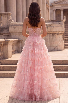 Ruffled Sparkly Pink Corset Sweetheart Beaded Long Prom Dress with Sequins