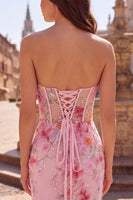 Load image into Gallery viewer, Pink Sparkly Mermaid Corset Sweetheart Beaded Floral Long Prom Dress with Slit