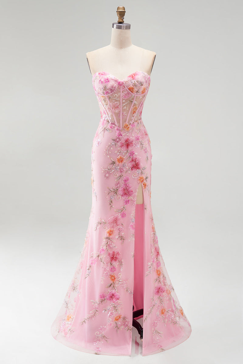 Load image into Gallery viewer, Pink Sparkly Mermaid Corset Sweetheart Beaded Floral Long Prom Dress with Slit