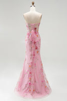 Load image into Gallery viewer, Pink Sparkly Mermaid Corset Sweetheart Beaded Floral Long Prom Dress with Slit