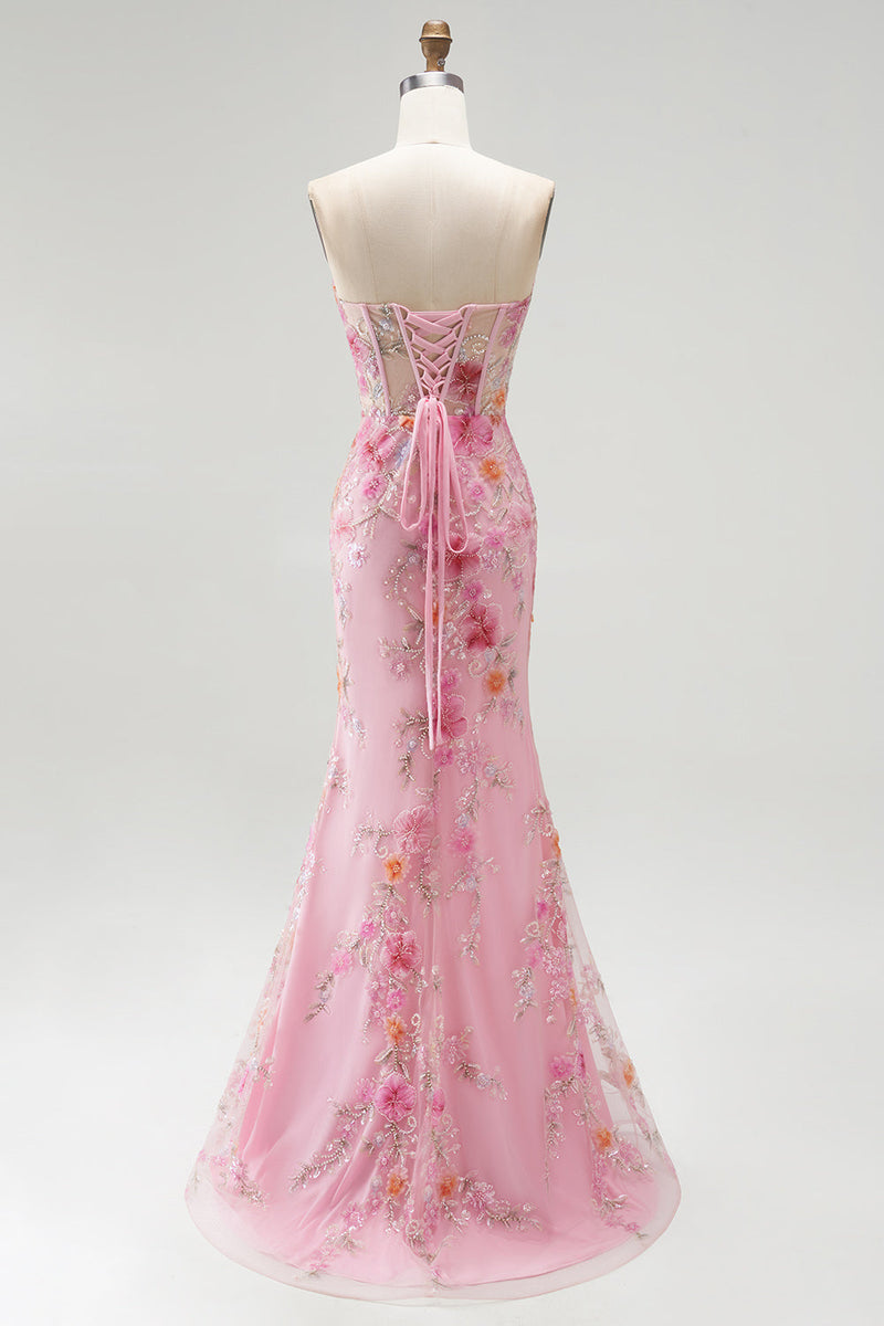 Load image into Gallery viewer, Pink Sparkly Mermaid Corset Sweetheart Beaded Floral Long Prom Dress with Slit