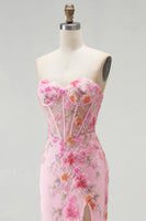 Load image into Gallery viewer, Pink Sparkly Mermaid Corset Sweetheart Beaded Floral Long Prom Dress with Slit