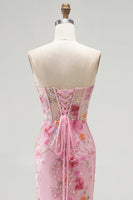 Load image into Gallery viewer, Pink Sparkly Mermaid Corset Sweetheart Beaded Floral Long Prom Dress with Slit