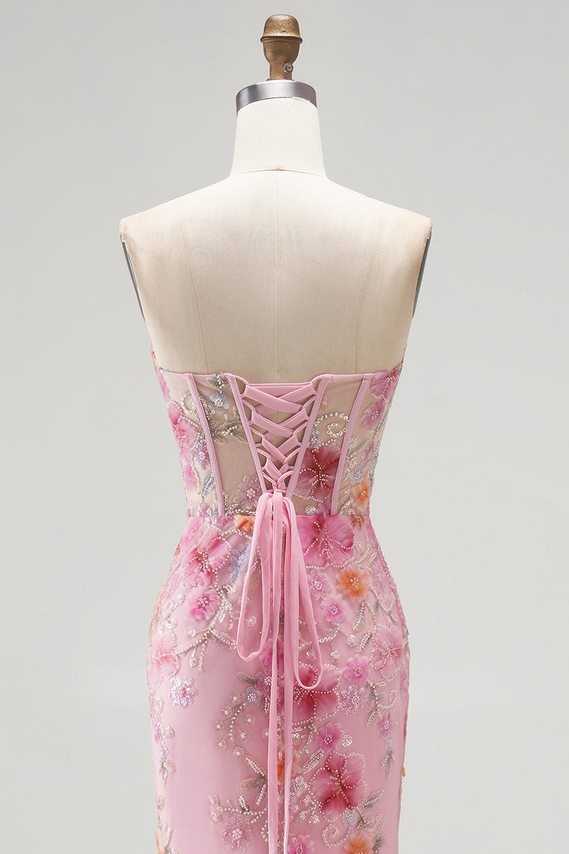 Load image into Gallery viewer, Pink Sparkly Mermaid Corset Sweetheart Beaded Floral Long Prom Dress with Slit