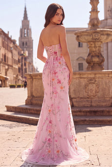Pink Sparkly Mermaid Corset Sweetheart Beaded Floral Long Prom Dress with Slit