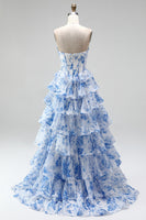 Load image into Gallery viewer, Floral Blue Printed A Line Ruffled Strapless Ruched Corset Long Prom Dress with Slit