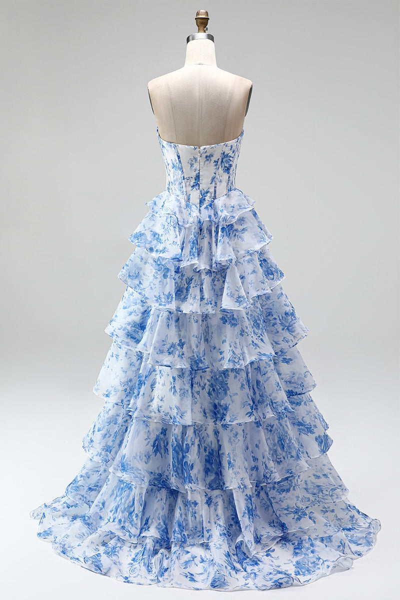Load image into Gallery viewer, Floral Blue Printed A Line Ruffled Strapless Ruched Corset Long Prom Dress with Slit