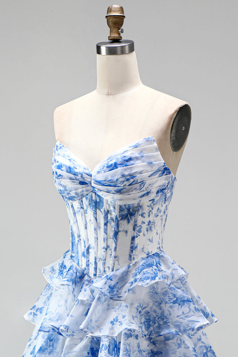 Load image into Gallery viewer, Floral Blue Printed A Line Ruffled Strapless Ruched Corset Long Prom Dress with Slit