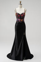 Load image into Gallery viewer, Sparkly Black Corset Floral Mermaid Sequin Satin Long Prom Dress with Slit