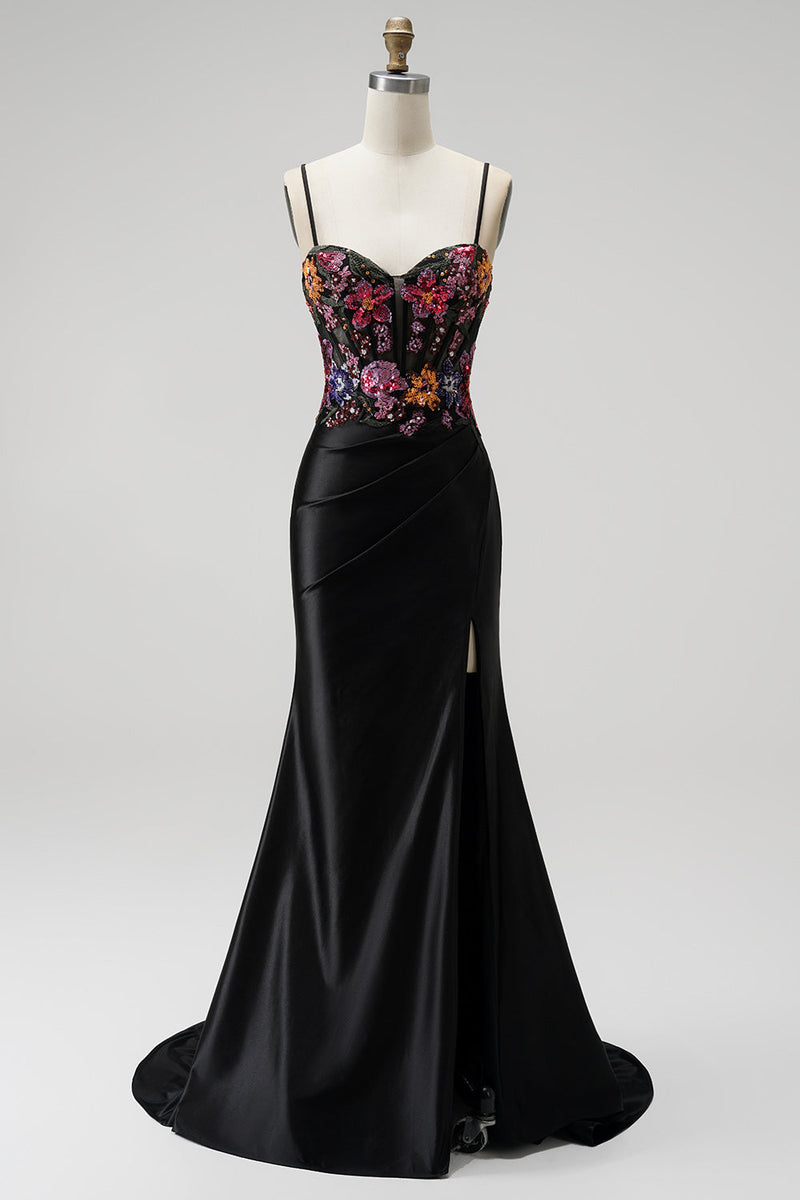 Queendancer Women Black Sparkly Satin Floral Long Corset Mermaid Prom ...