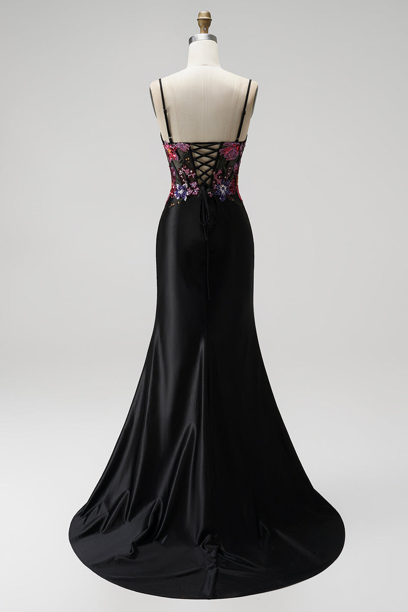 Queendancer Women Black Sparkly Satin Floral Long Corset Mermaid Prom ...