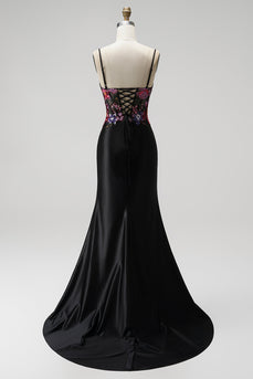 Sparkly Black Corset Floral Mermaid Sequin Satin Long Prom Dress with Slit