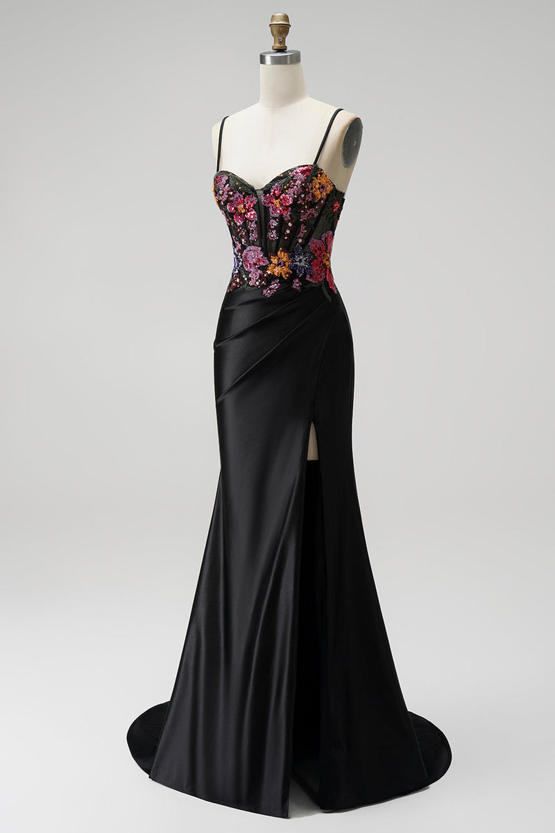 Load image into Gallery viewer, Sparkly Black Corset Floral Mermaid Sequin Satin Long Prom Dress with Slit