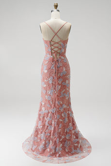 Floral Dusty Rose Sparkly Mermaid Beaded Long Prom Dress with Slit
