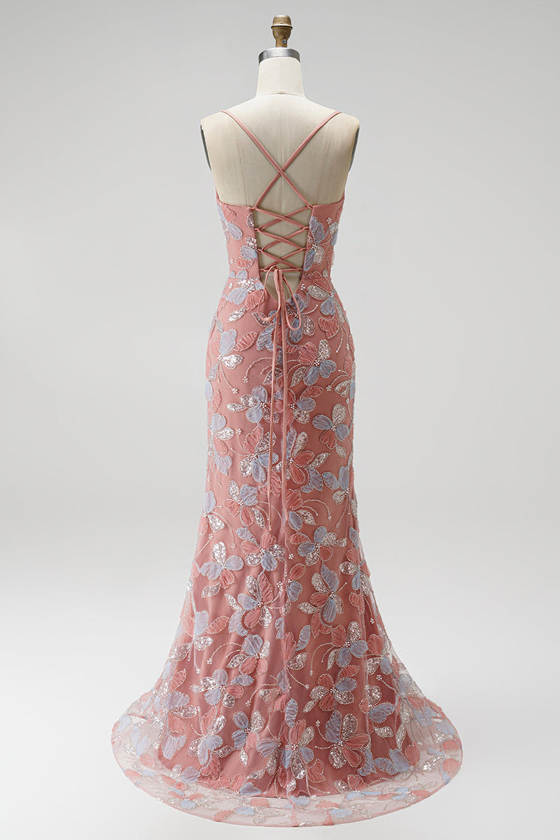 Load image into Gallery viewer, Floral Dusty Rose Sparkly Mermaid Beaded Long Prom Dress with Slit