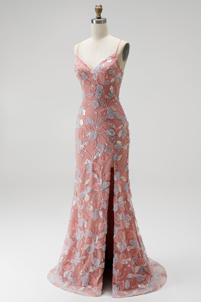 Load image into Gallery viewer, Floral Dusty Rose Sparkly Mermaid Beaded Long Prom Dress with Slit