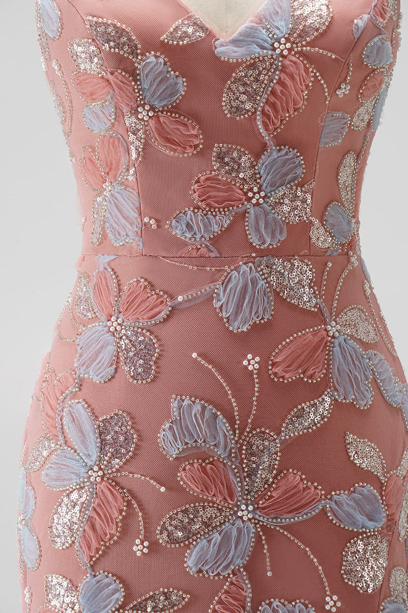 Load image into Gallery viewer, Floral Dusty Rose Sparkly Mermaid Beaded Long Prom Dress with Slit