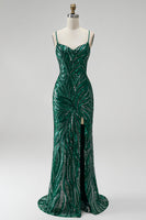 Load image into Gallery viewer, Dark Green Sparkly Mermaid Floral Sequin Spaghetti Straps Long Prom Dress with Slit