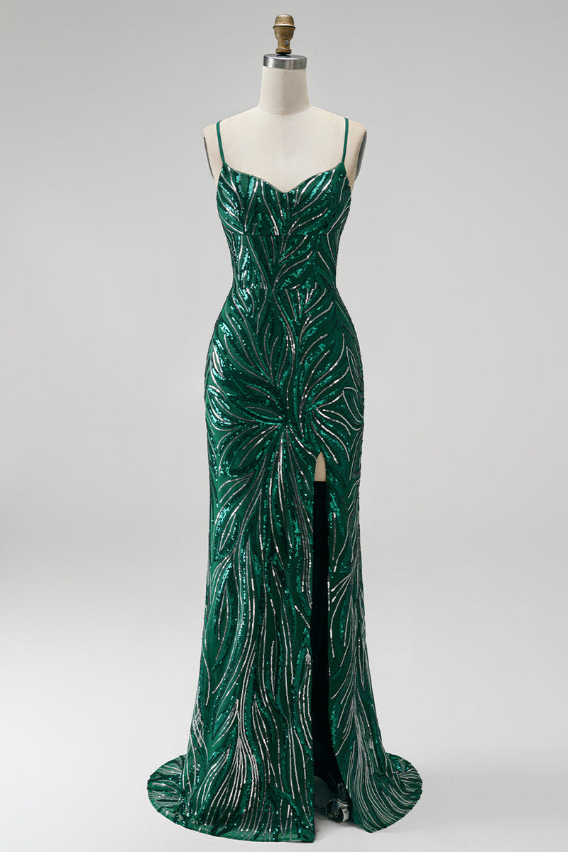 Load image into Gallery viewer, Dark Green Sparkly Mermaid Floral Sequin Spaghetti Straps Long Prom Dress with Slit