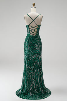 Dark Green Sparkly Mermaid Floral Sequin Spaghetti Straps Long Prom Dress with Slit