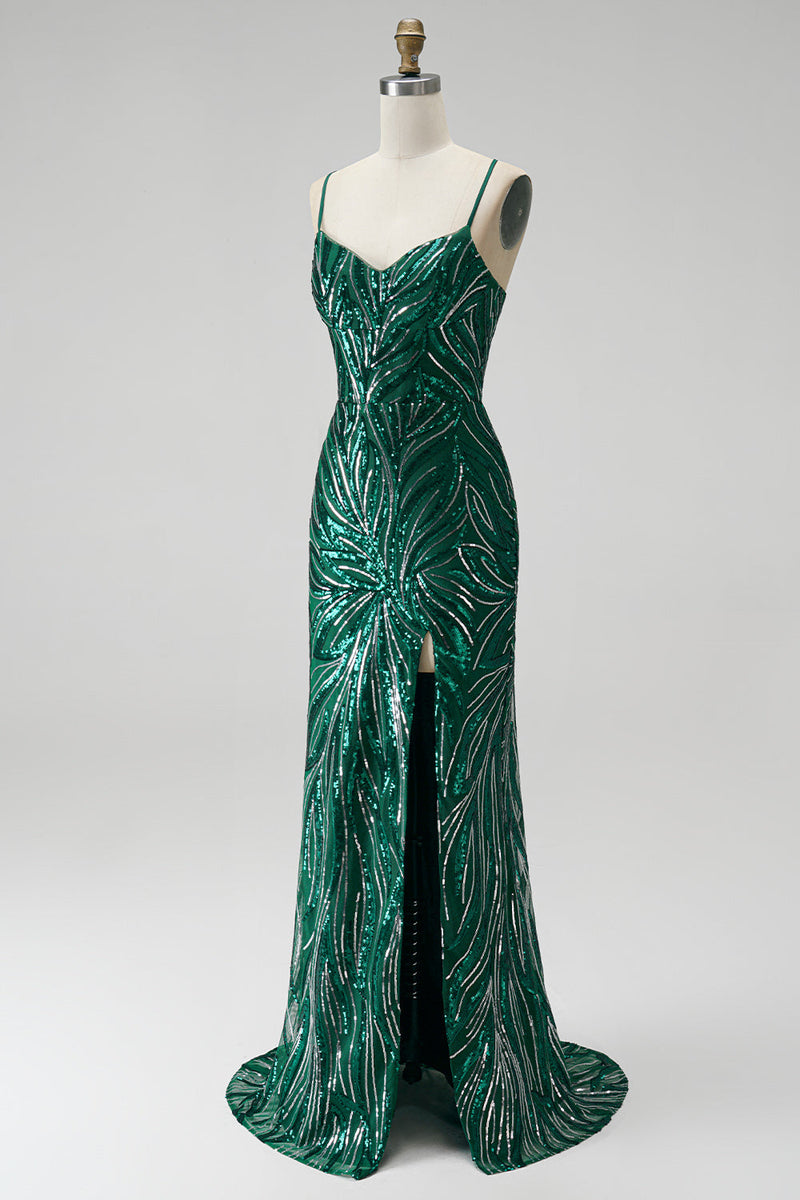 Load image into Gallery viewer, Dark Green Sparkly Mermaid Floral Sequin Spaghetti Straps Long Prom Dress with Slit