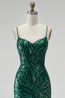 Load image into Gallery viewer, Dark Green Sparkly Mermaid Floral Sequin Spaghetti Straps Long Prom Dress with Slit