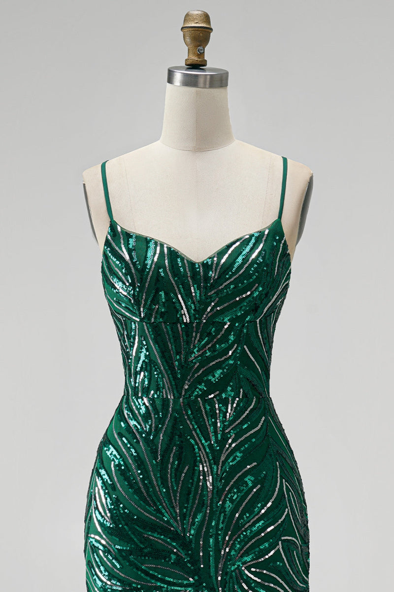 Load image into Gallery viewer, Dark Green Sparkly Mermaid Floral Sequin Spaghetti Straps Long Prom Dress with Slit