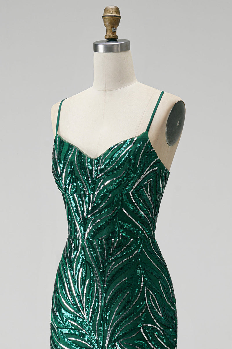 Load image into Gallery viewer, Dark Green Sparkly Mermaid Floral Sequin Spaghetti Straps Long Prom Dress with Slit