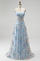 Load image into Gallery viewer, Floral Blue Corset A Line Spaghetti Straps Long Prom Dress