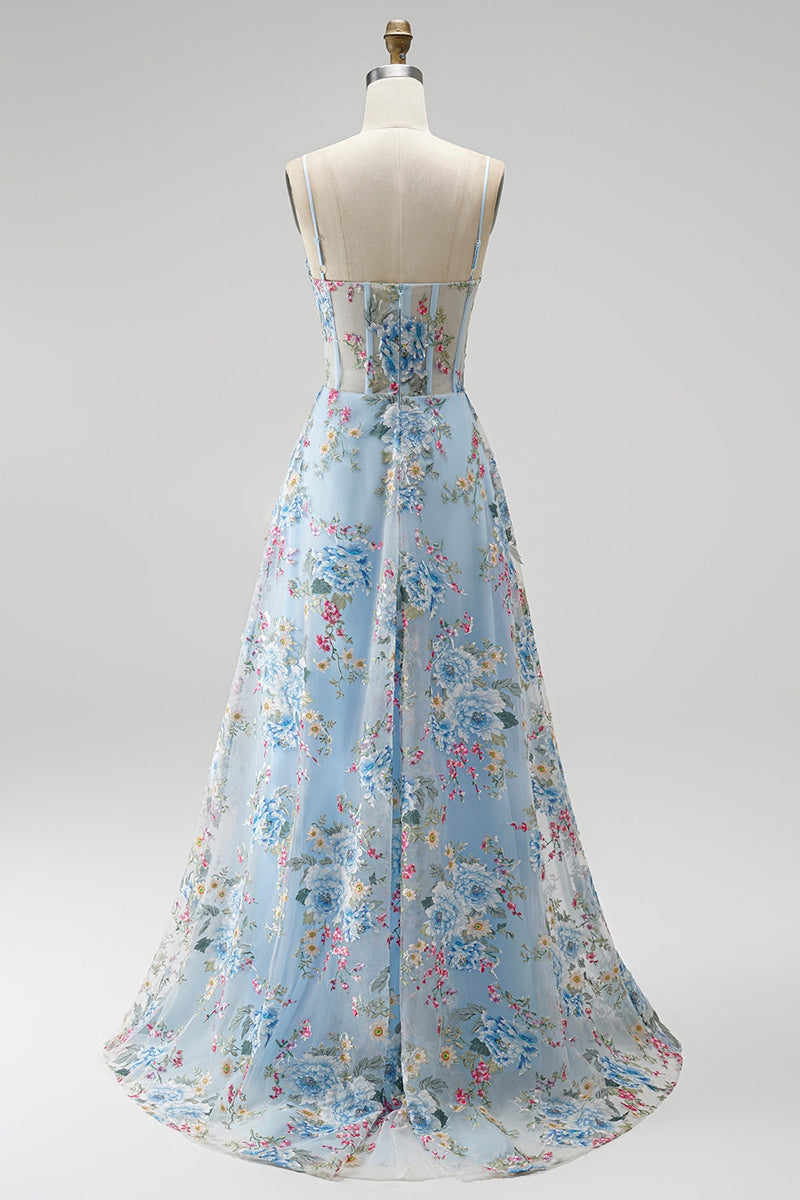 Load image into Gallery viewer, Floral Blue Corset A Line Spaghetti Straps Long Prom Dress