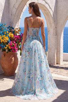 Floral Blue Corset A Line Spaghetti Straps Long Prom Dress