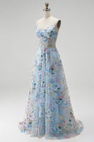 Load image into Gallery viewer, Floral Blue Corset A Line Spaghetti Straps Long Prom Dress