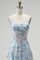 Load image into Gallery viewer, Floral Blue Corset A Line Spaghetti Straps Long Prom Dress