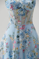Load image into Gallery viewer, Floral Blue Corset A Line Spaghetti Straps Long Prom Dress
