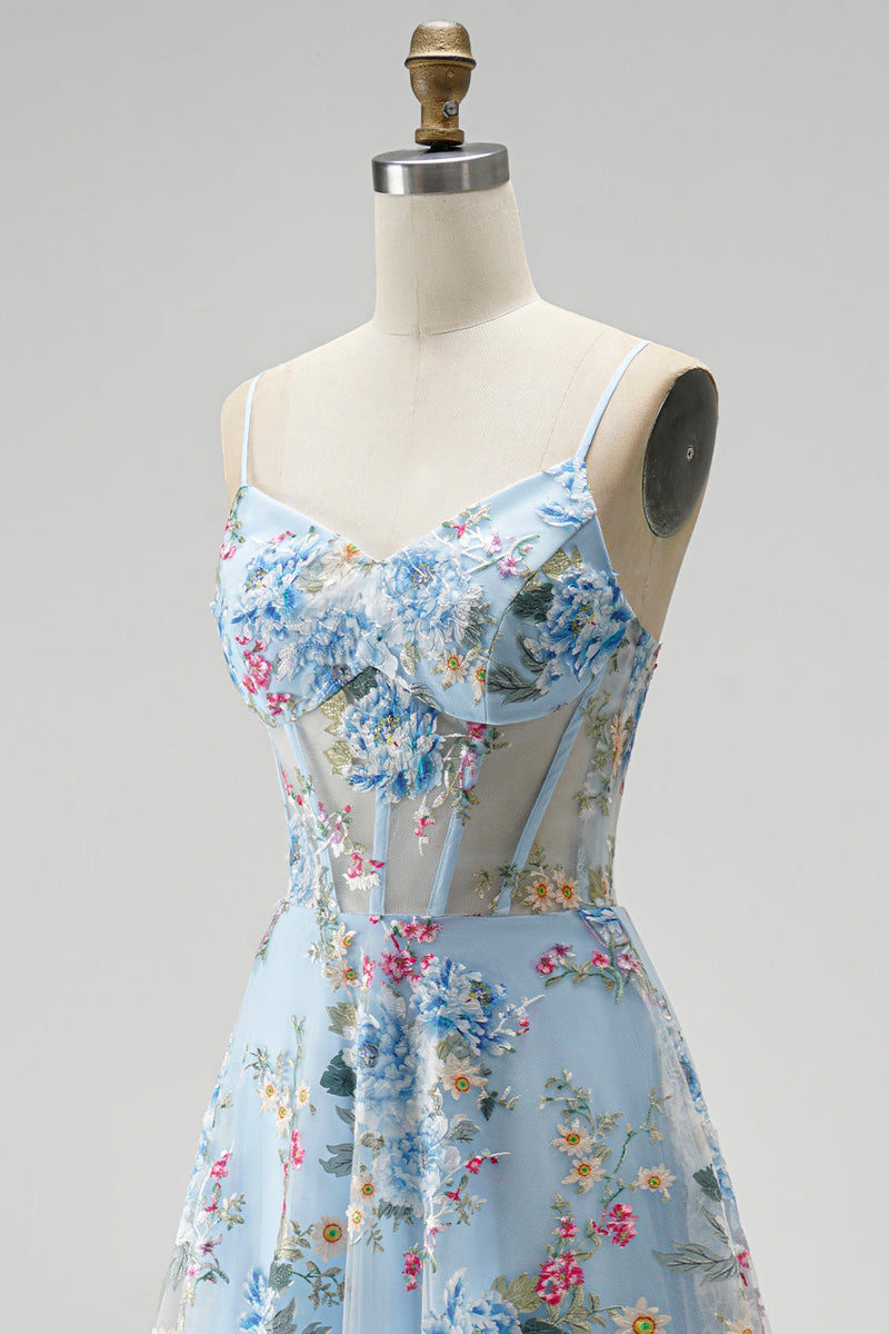 Load image into Gallery viewer, Floral Blue Corset A Line Spaghetti Straps Long Prom Dress
