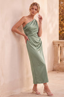 Load image into Gallery viewer, Dusty Blue One Shoulder Ruched Sheath Satin Long Wedding Guest Dress