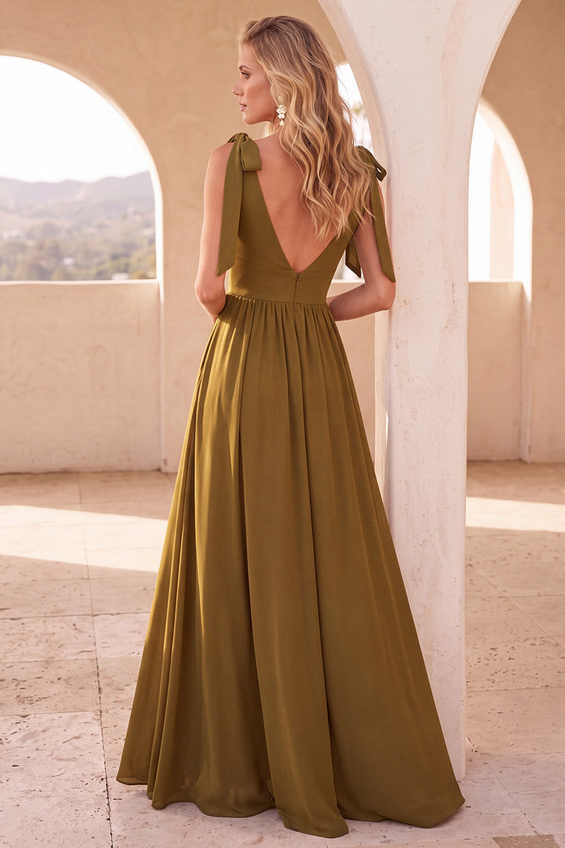 Queendancer Women Olive Satin A-Line Long Formal Dress with Pockets ...