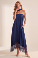 Load image into Gallery viewer, Navy Sheath Strapless A-Line Satin Long Wedding Guest Dress with Pockets