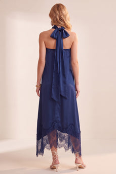 Navy Sheath Strapless A-Line Satin Long Wedding Guest Dress with Pockets