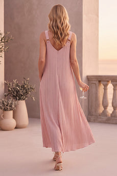 Pleated Dusty Rose Sheath Chiffon V-Neck Long Wedding Guest Dress with Pockets