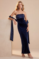 Load image into Gallery viewer, Corset Navy Mermaid Strapless Velvet Long Formal Dress with Shawl
