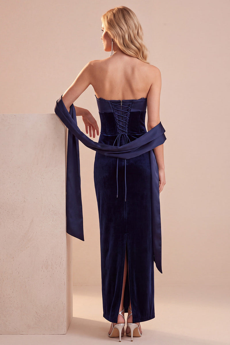 Queendancer Women Mermiad Navy Velvet Corset Long Formal Dress with ...