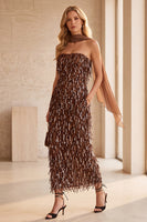Load image into Gallery viewer, Sparkly Coffee Sheath Fringed Sequin Strapless Long Formal Dress with Neck Scarf