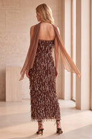 Load image into Gallery viewer, Sparkly Coffee Sheath Fringed Sequin Strapless Long Formal Dress with Neck Scarf