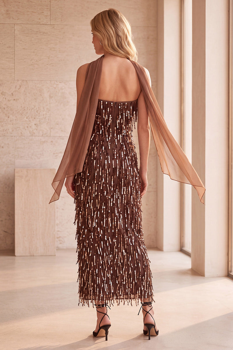 Load image into Gallery viewer, Sparkly Coffee Sheath Fringed Sequin Strapless Long Formal Dress with Neck Scarf